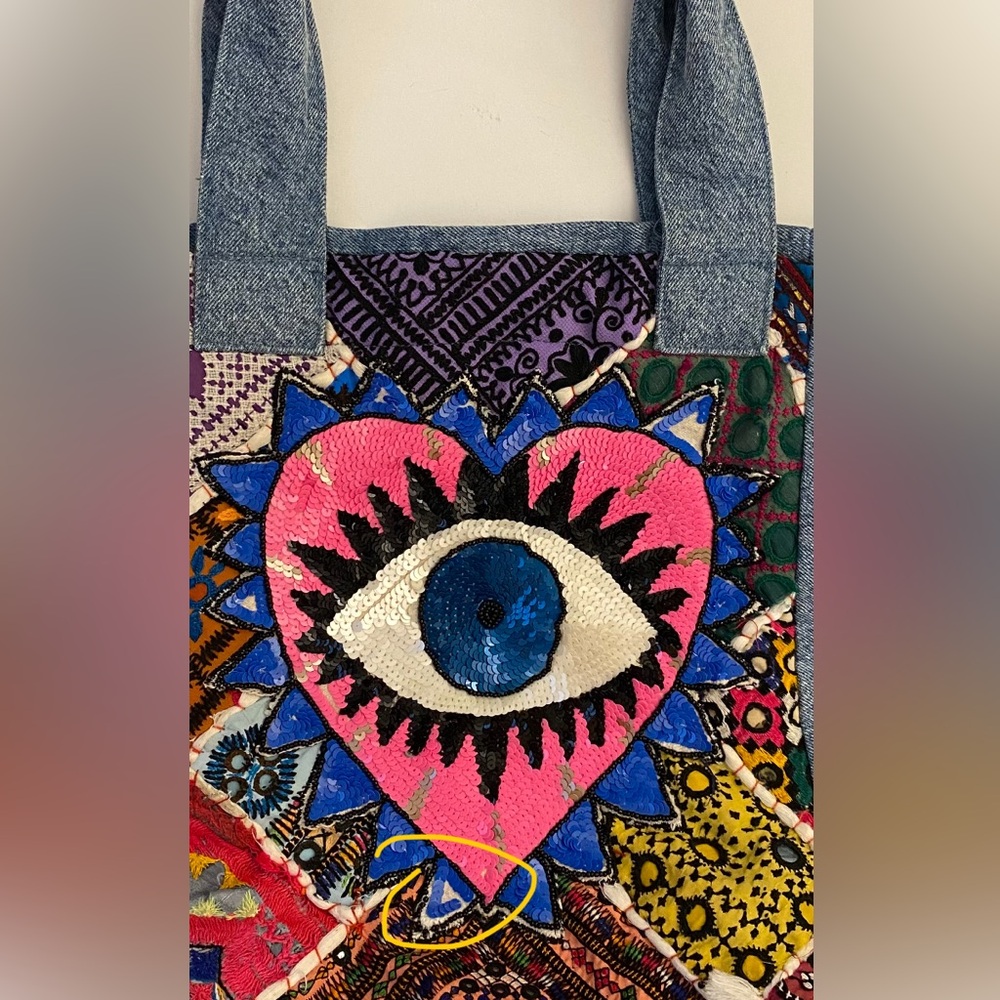 “WATCH OVER ME” Evil Eye Light Denim Tote - Picture 8 of 9